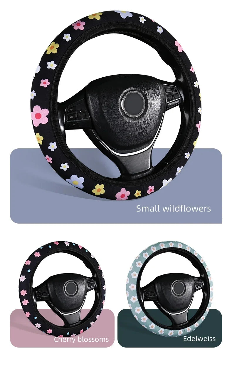 Flannelette Steering Wheel Cover Floral Print Anti-Slip alternate view