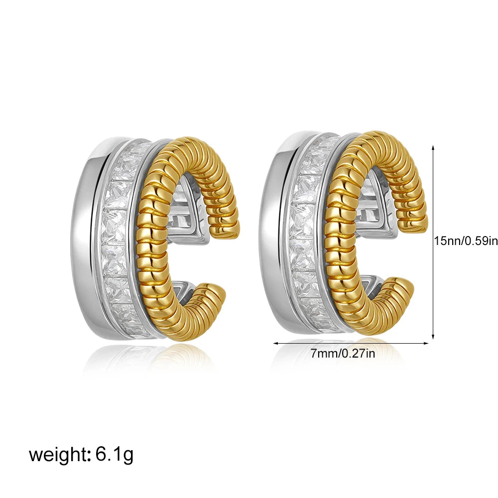 Unique Design Gold Silver Mix Color Geometric Clip Earring Cuff Stainless Steel Square close-up view