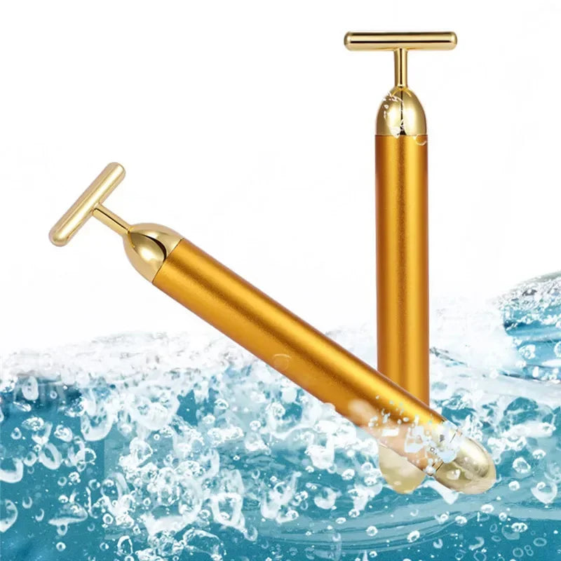 Gold Plated Facial Roller Massager | T-Shape Vibration Face Lift Tool lifestyle view