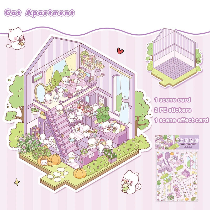 3D Simulation Cabin Stickers Set | Creative Cartoon DIY Landscape Decals for Kids detail view