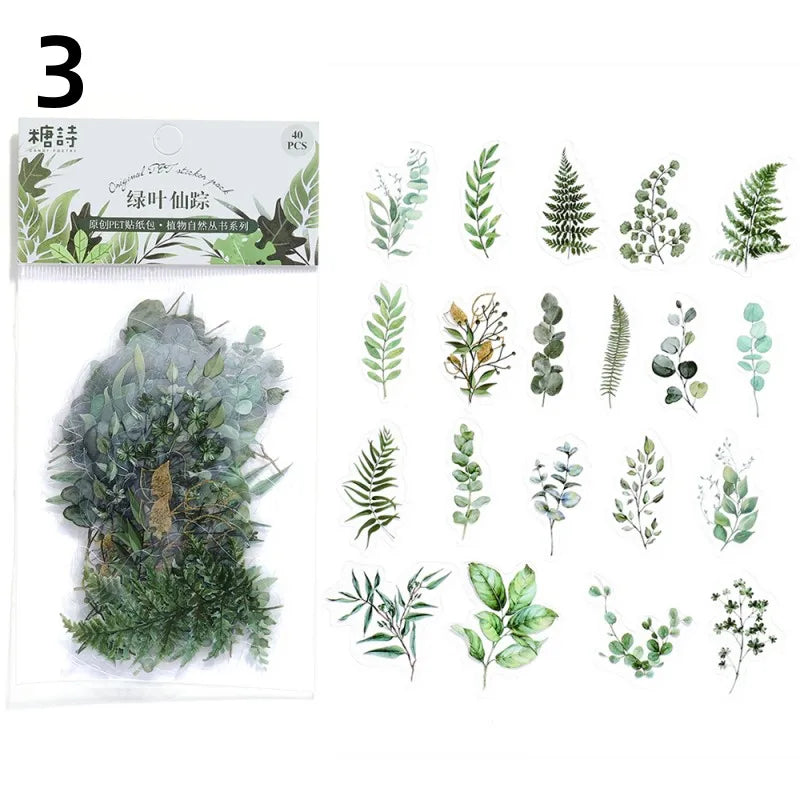 40 Pcs/set Plant Flower Stickers Decorative Green Leaves Retro Plant Manual Scrapbook DIY Label Diary Stationery Album Crafts