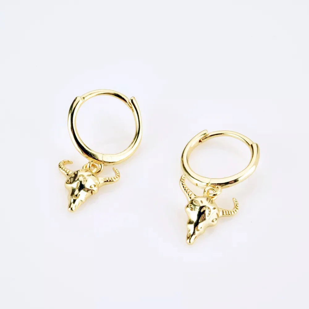 CIAXY Retro Cow Head Earrings for Women Men | 14K Gold Plated Animal Drop Earrings close-up view