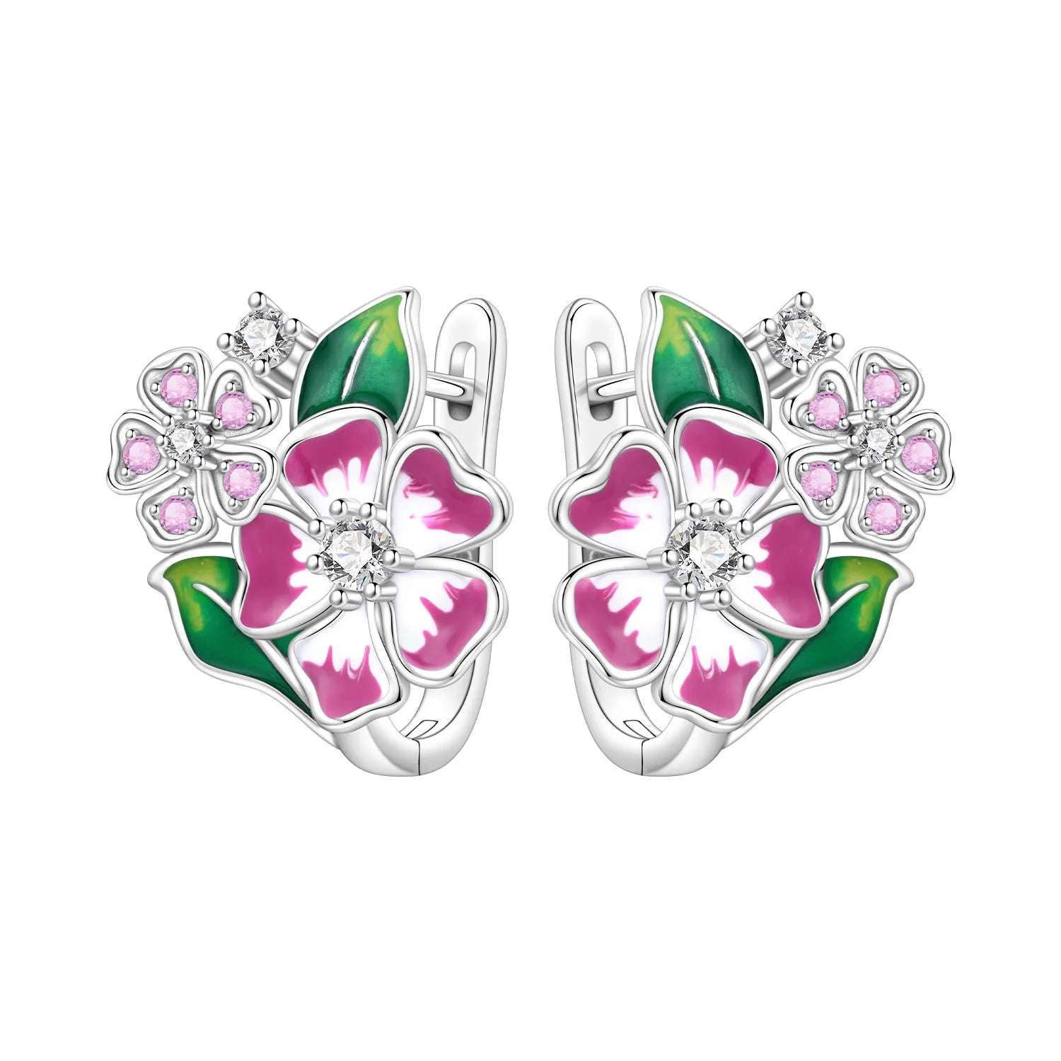 925 Sterling Silver Purple Flowers Plants Leaf Series Blue Iris Flower Earring Hoop additional angle