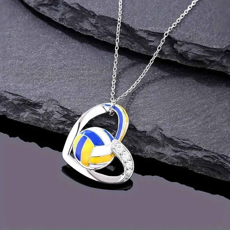 Huitan Volleyball Heart Pendant Necklace | Trendy Teen Girls Jewelry with Shiny Zirconia detail view