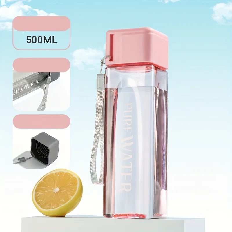 minimalist square plastic water cup, leak proof, with drawstring and lid, portable sp alternate view