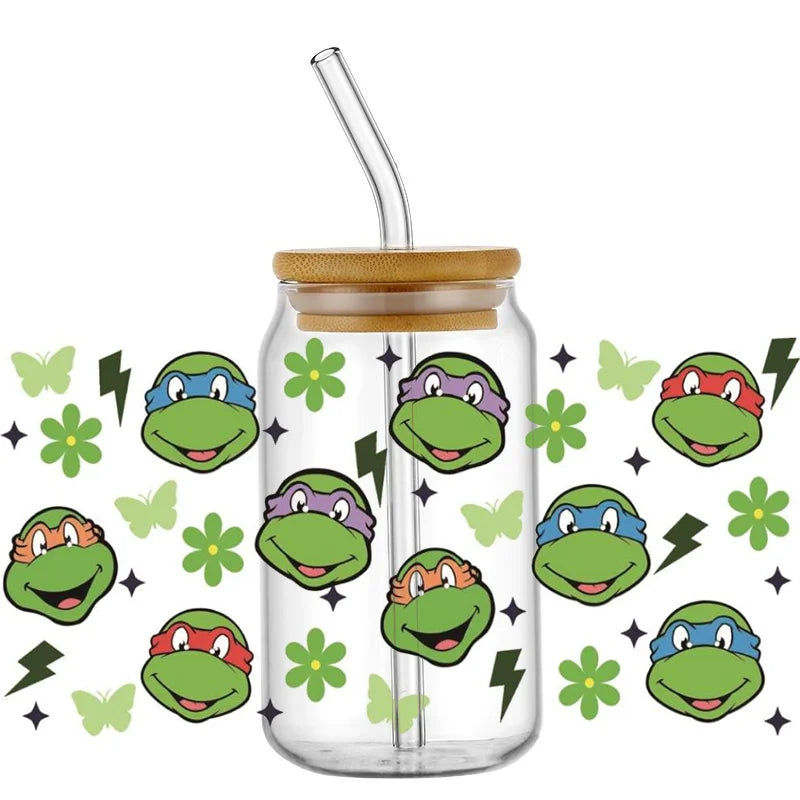 Cartoon Turtle Decal Stickers | Waterproof UV DTF Wrap for 16oz Libbey Glass alternate view
