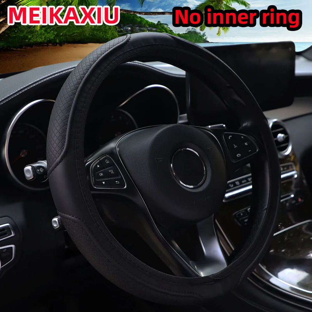 PU Leather Embossed Steering Wheel Cover 14.5-15 Inch Round Rimless Design for All Sea close-up view