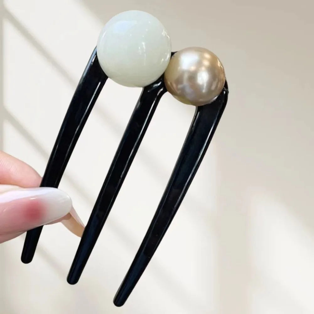 U-Shaped Hairpins French Twist Pearl Beads Hair Stick Hair Clip Acetate Vintage Tortoise Shell Women Hair Bun Pins Headwear Blac