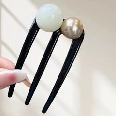 U-Shaped Hairpins French Twist Pearl Beads Hair Stick Hair Clip Acetate Vintage Tortoise Shell Women Hair Bun Pins Headwear Blac