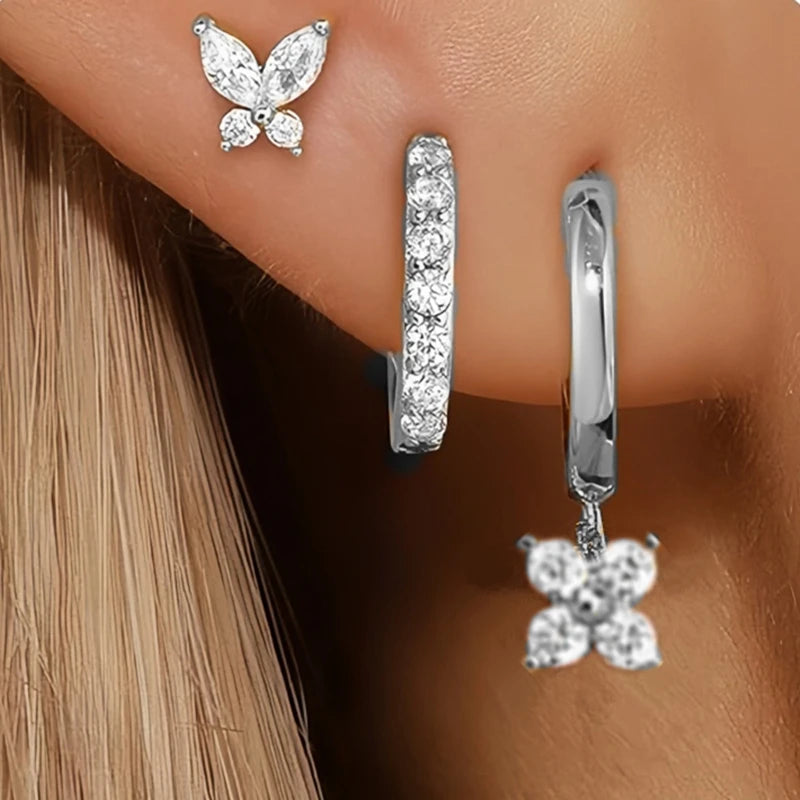 3PCS Luxury Star Pendant Piercing Earrings Set For Women Stainless Steel Zircon Punk Ear detail view