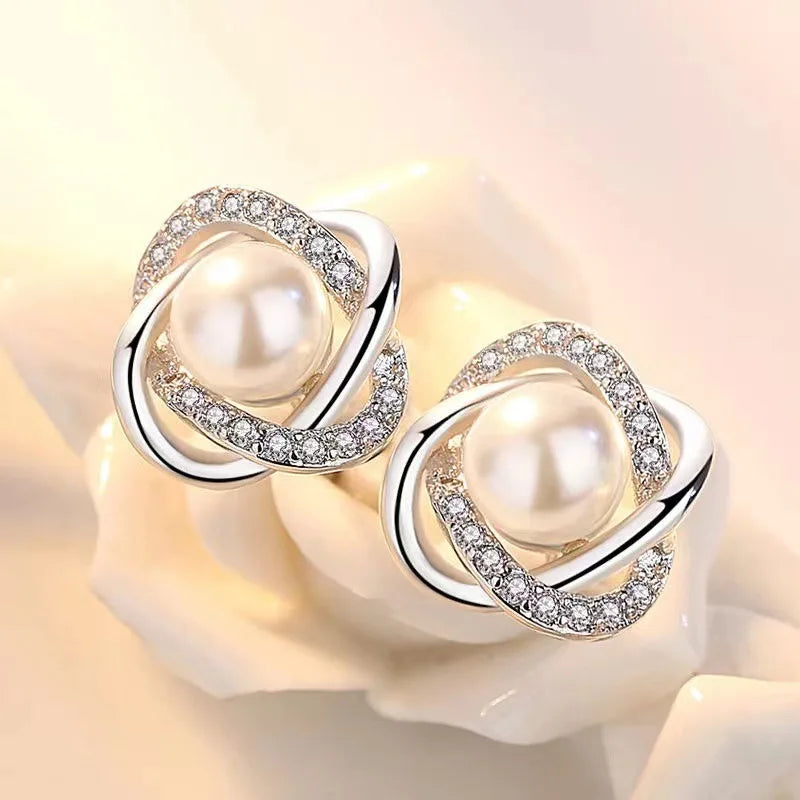 Upscale 14k Gold Jewelry Real Gold Earrings Zircon Pearl Twist Luxury Stud Earrings additional angle