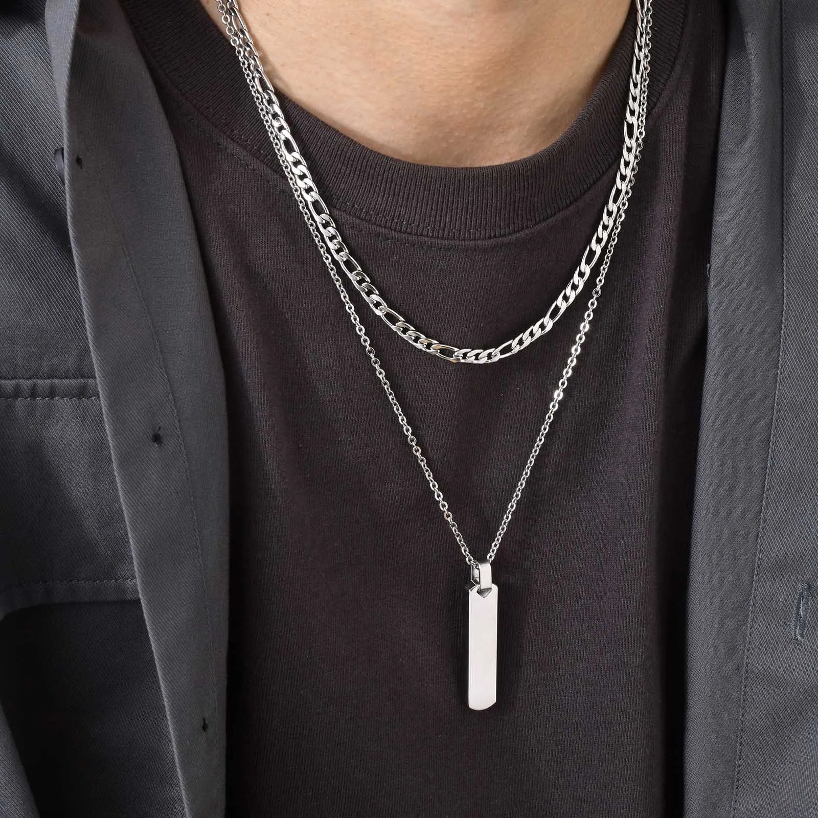 2pcs Vertical Layer Necklaces for Men Boys,Wateproof Stainless Steel Cuban Chain Collar, detail view