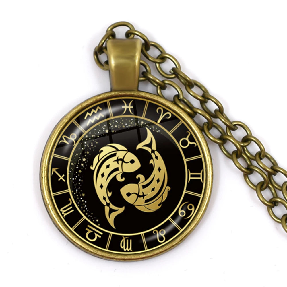 12 Constellation Zodiac Pendant Necklace | Antique Bronze Glass Dome Jewelry detail view