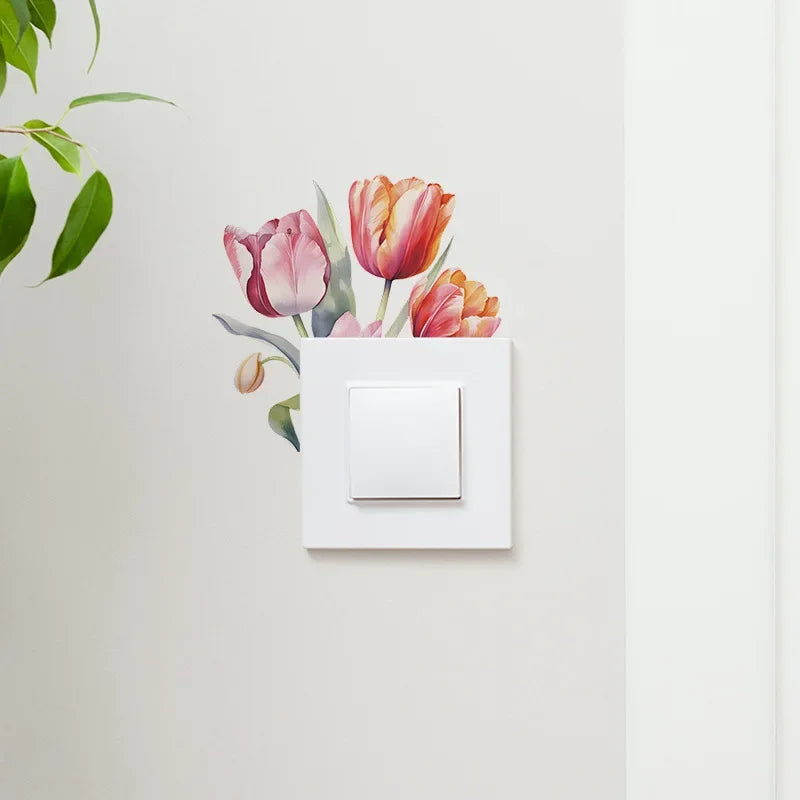 Tropical Green Leaves Wall Stickers | Self-Adhesive Flower Switch Decals for Home Deco close-up view