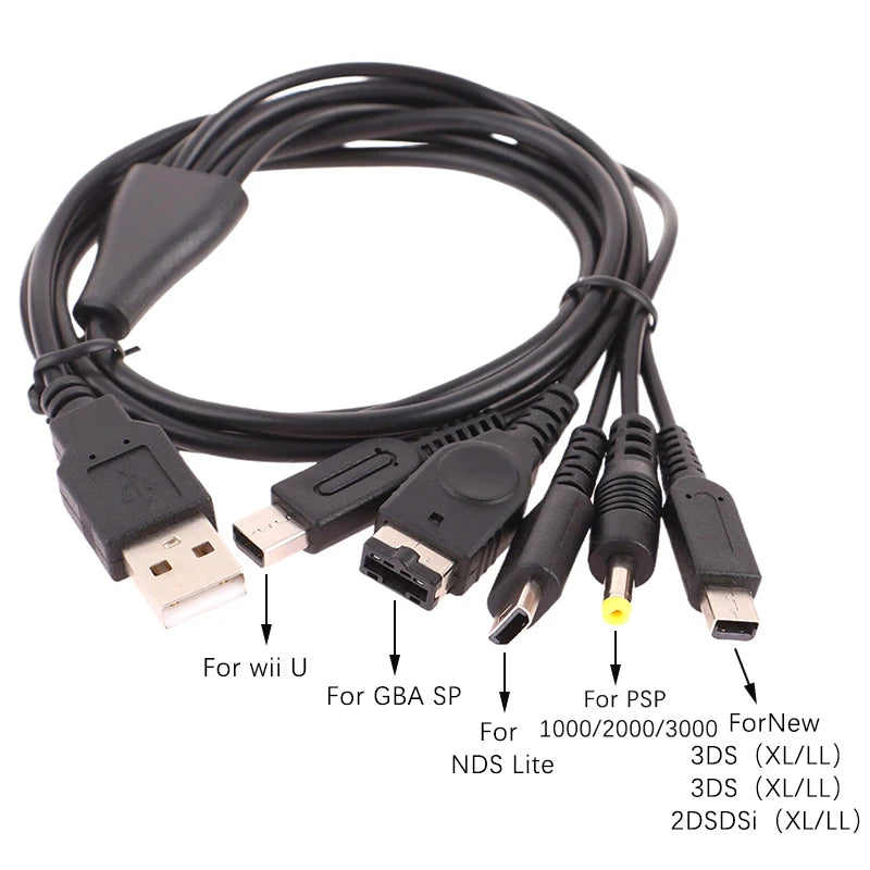 5-in-1 Multi-Console USB Charging Cable | 1.2M Fast Charger Cord for Nintendo 3DS, DSi, Wii U, GBA, PSP