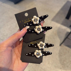 New Sweet Polka Dot Pearl Flower Clip Womens Bangs Clip Elegant Fashion Korean Style Duckbill Hair Rhinestone Accessory Pair Set