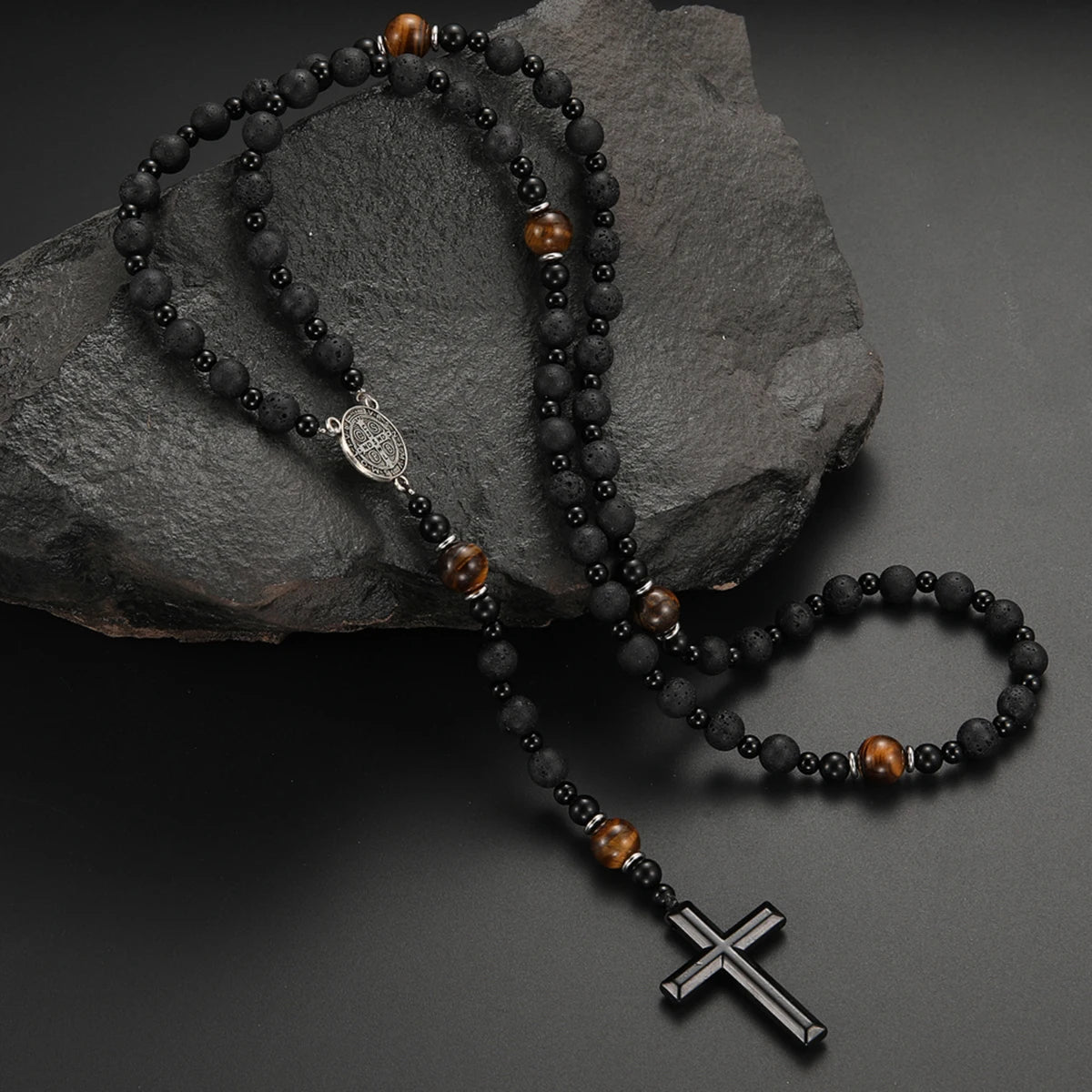 Lava Stone Black Obsidian Yellow Tiger-eye Beads Cross Pendant Y Necklace for Men close-up view