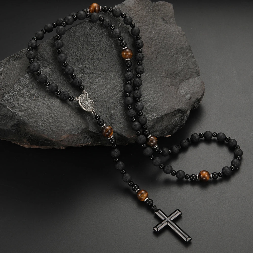 Lava Stone Black Obsidian Yellow Tiger-eye Beads Cross Pendant Y Necklace for Men close-up view