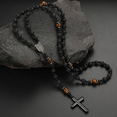 Lava Stone Black Obsidian Yellow Tiger-eye Beads Cross Pendant Y Necklace for Men close-up view