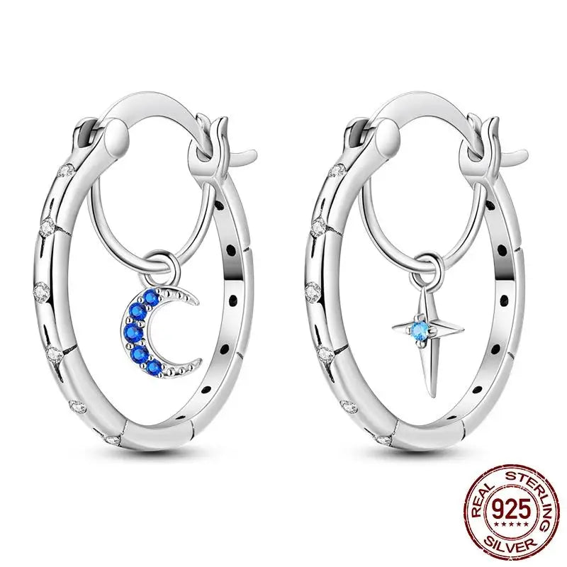 Luminous Shell Women Earrings Original 925 Sterling Silver Pave CZ Star Moon Hoop Ear alternate view