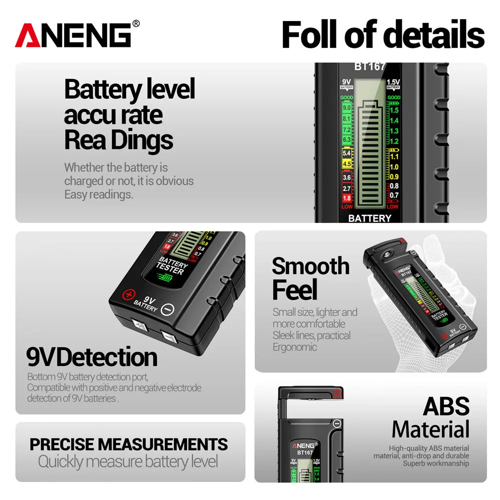 ANENG BT167 Battery Level Detector | Multifunctional Battery Tester for 1.5V and 9V Ba close-up view