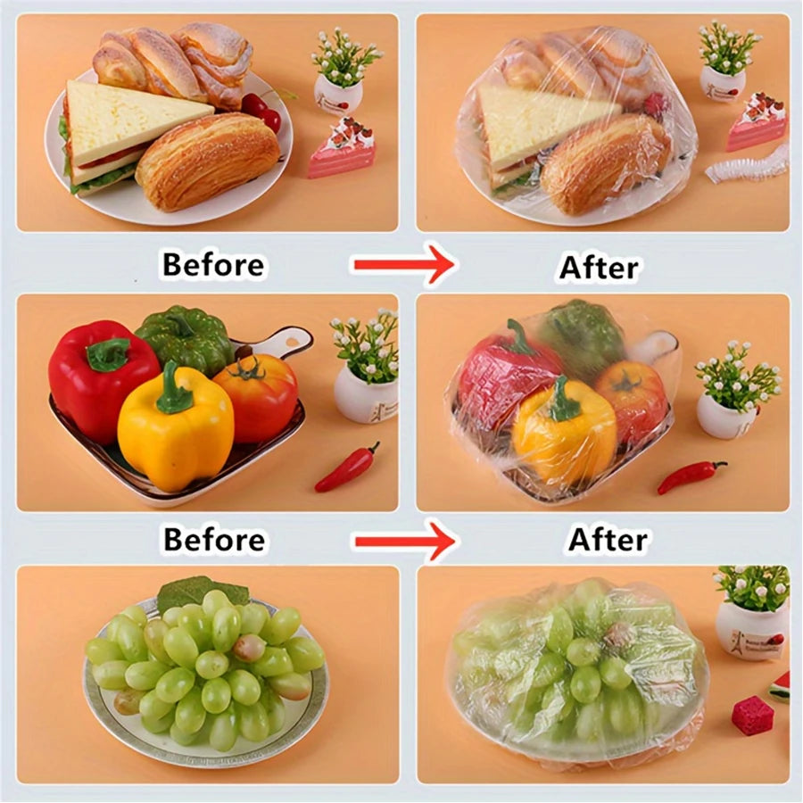 100 Piece Disposable Fresh Keeping Cover | Plastic Food Storage Covers Reusable Bowl lifestyle view