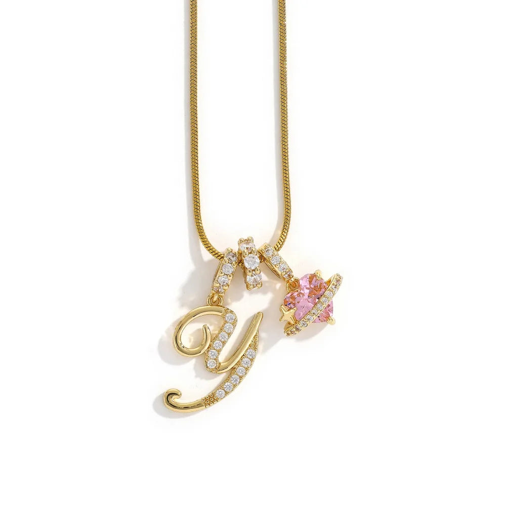 Gold Color Zircon Flower Pendant Necklace Female A-Z 26 Letter Alphabet Wedding Jewelr close-up view