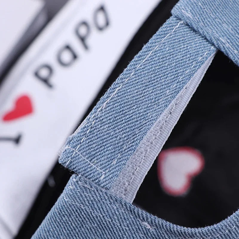 Baby Denim Baseball Cap with I Love Mama Lettering | Summer Hat for Boys and Girls close-up view