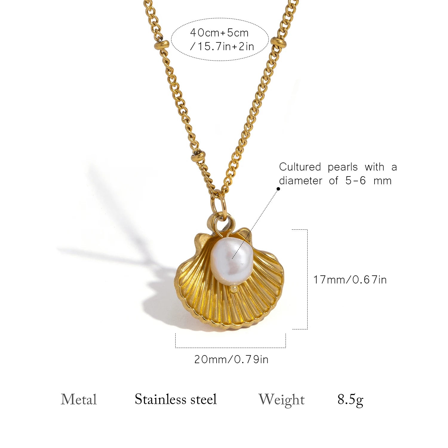 Shell and Pearl Pendant Necklace | 18K Gold Plated Stainless Steel Beach Jewelry additional angle