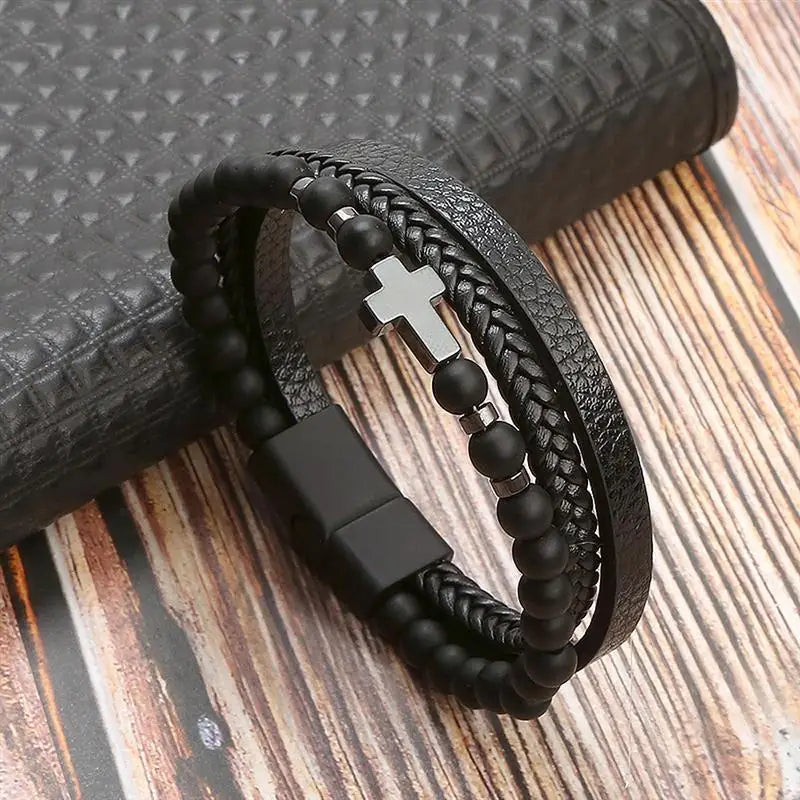 Classic Men's Leather Bracelet New Style Hand-woven Multi-layer Combination Accessory lifestyle view