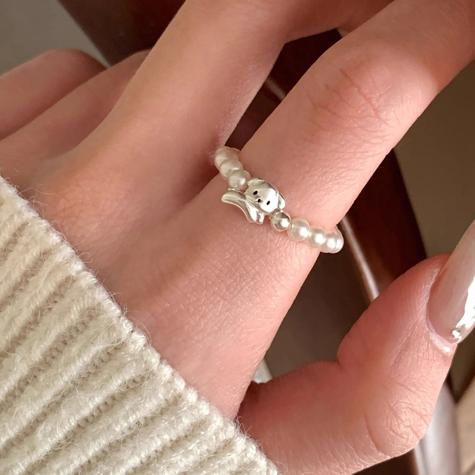 PANJBJ 925 Sterling Silber Perlen Unregelmäßiger Ring | Damen Muschel Überlappend Hohl Süßes Design Schmuck
