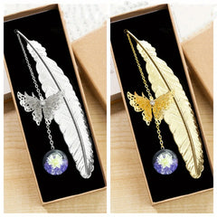 1Pcs Metal Feather Bookmark with Dried Flower Butterfly Boxed ,Teacher's Day Gift, Student Reading A