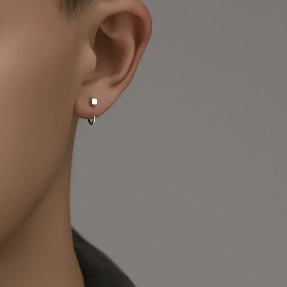Korean Square Shape Tiny Hoop Earrings For Women Men Silver Color C- Shape Open Earin alternate view