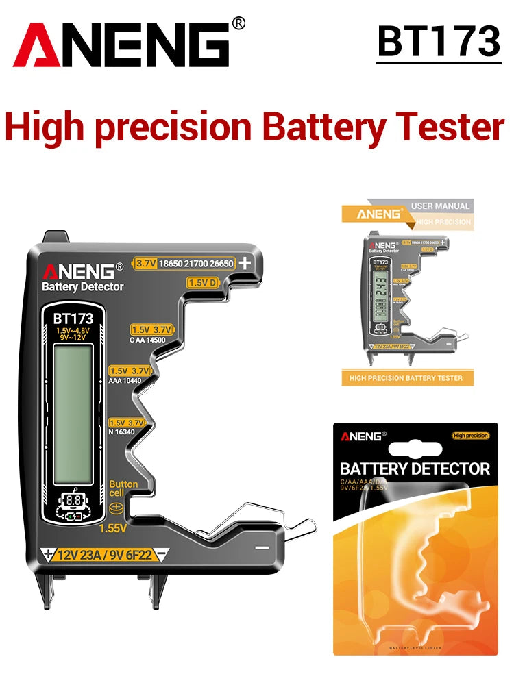 ANENG BT173 Universal Digital Battery Tester | 18650/AA/AAA/9V/12V Button Battery Lev alternate view