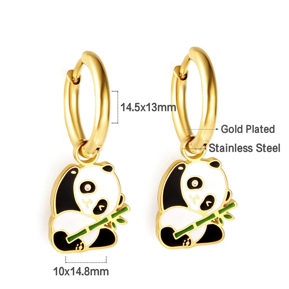 LUXUSTEEL Golden Animal style Women's Hoop Earrings Stainless Steel Earring Panda Din alternate view