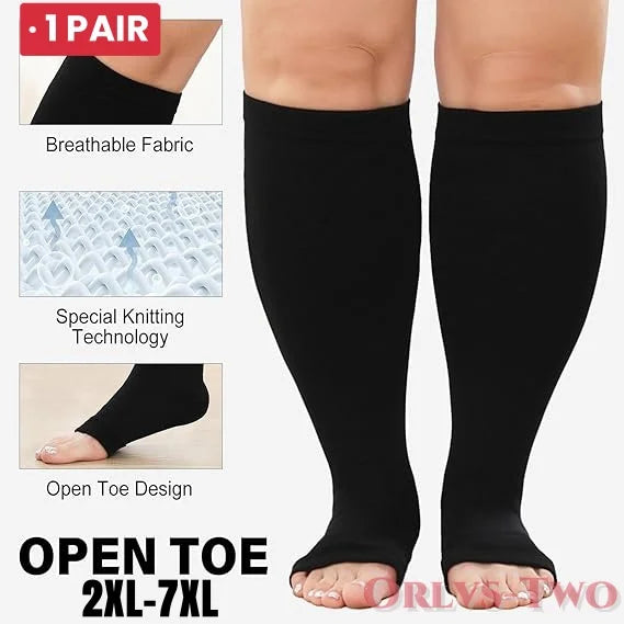 1 Pair Plus Size Compression Socks  Women Wide Calf Open Toe Graduated Medical Support Stockings Toeless Flight Pressure Socks