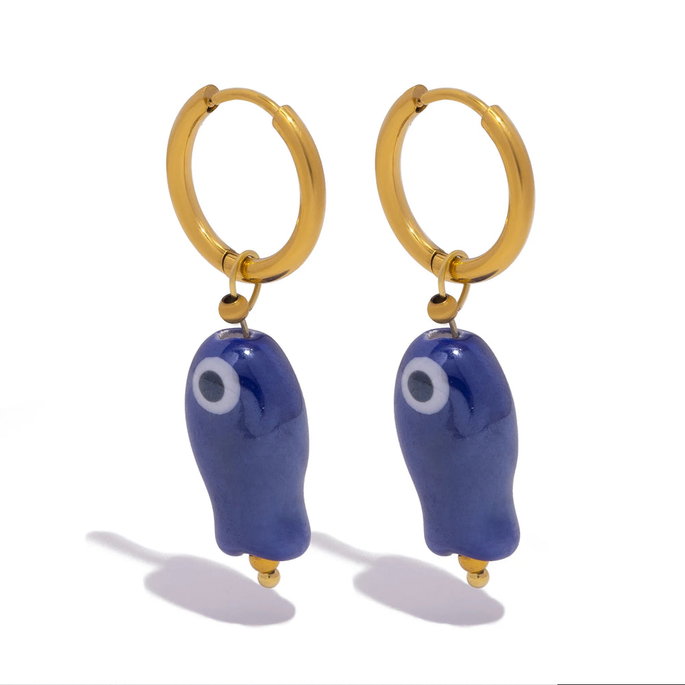 Stainless Steel Ceramic Fish Earrings | Colorful Dopamine Jewelry for Women close-up view