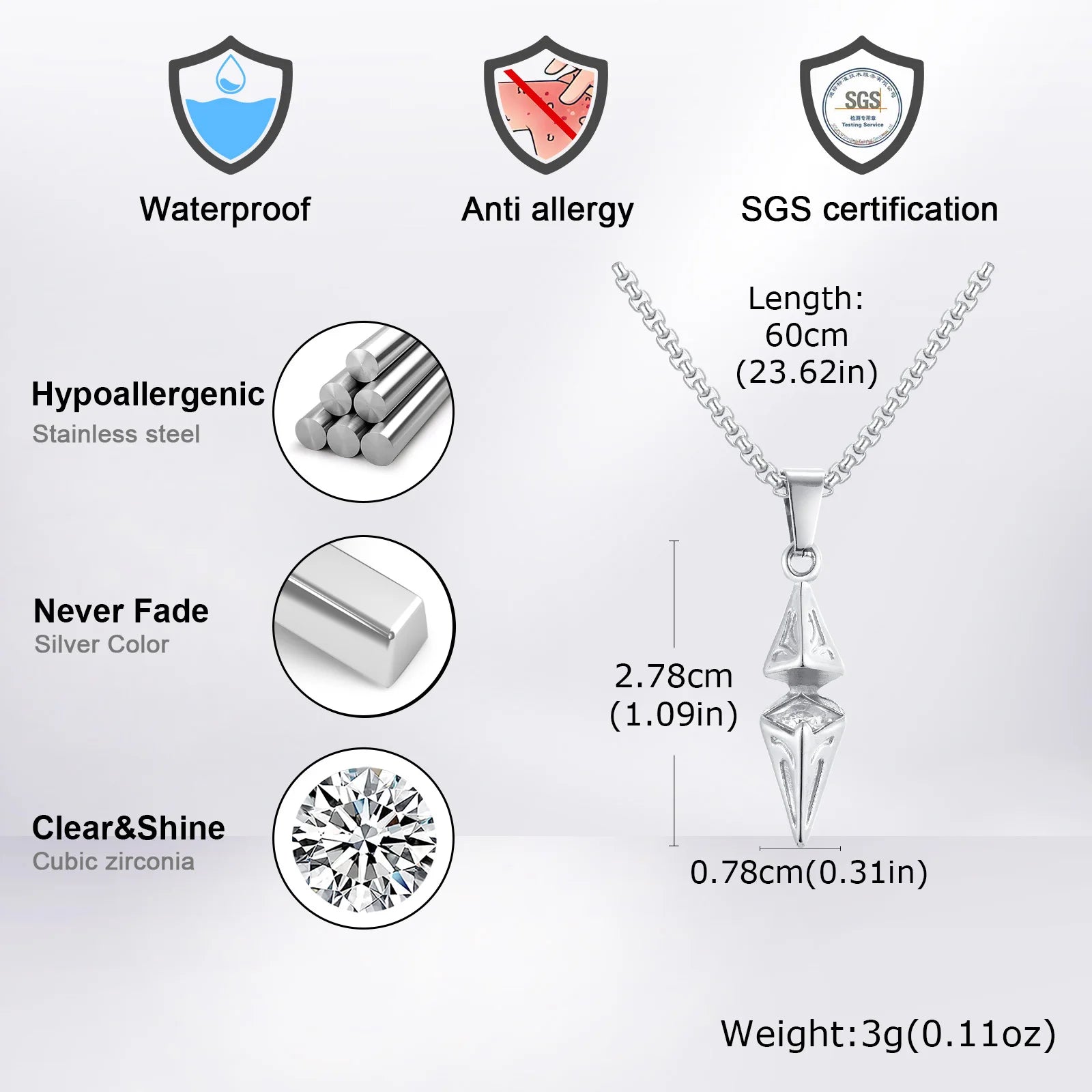 VNOX White Blue Zircon Rhombus Pendant Necklace, Stainless Steel Hypoallergenic Jewelry for Men, Valentine's Birthday Party Gift