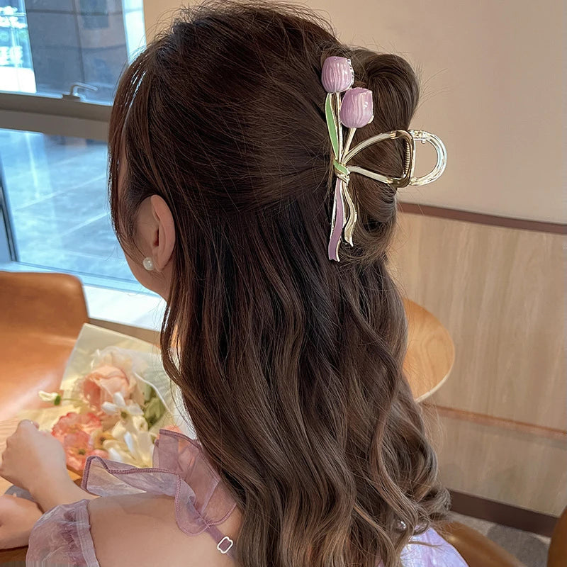 New Tulip Flower Hair Clip Back Head Grab Clip Fashion Ponytail Fixed Hairpins Simple Ov detail view