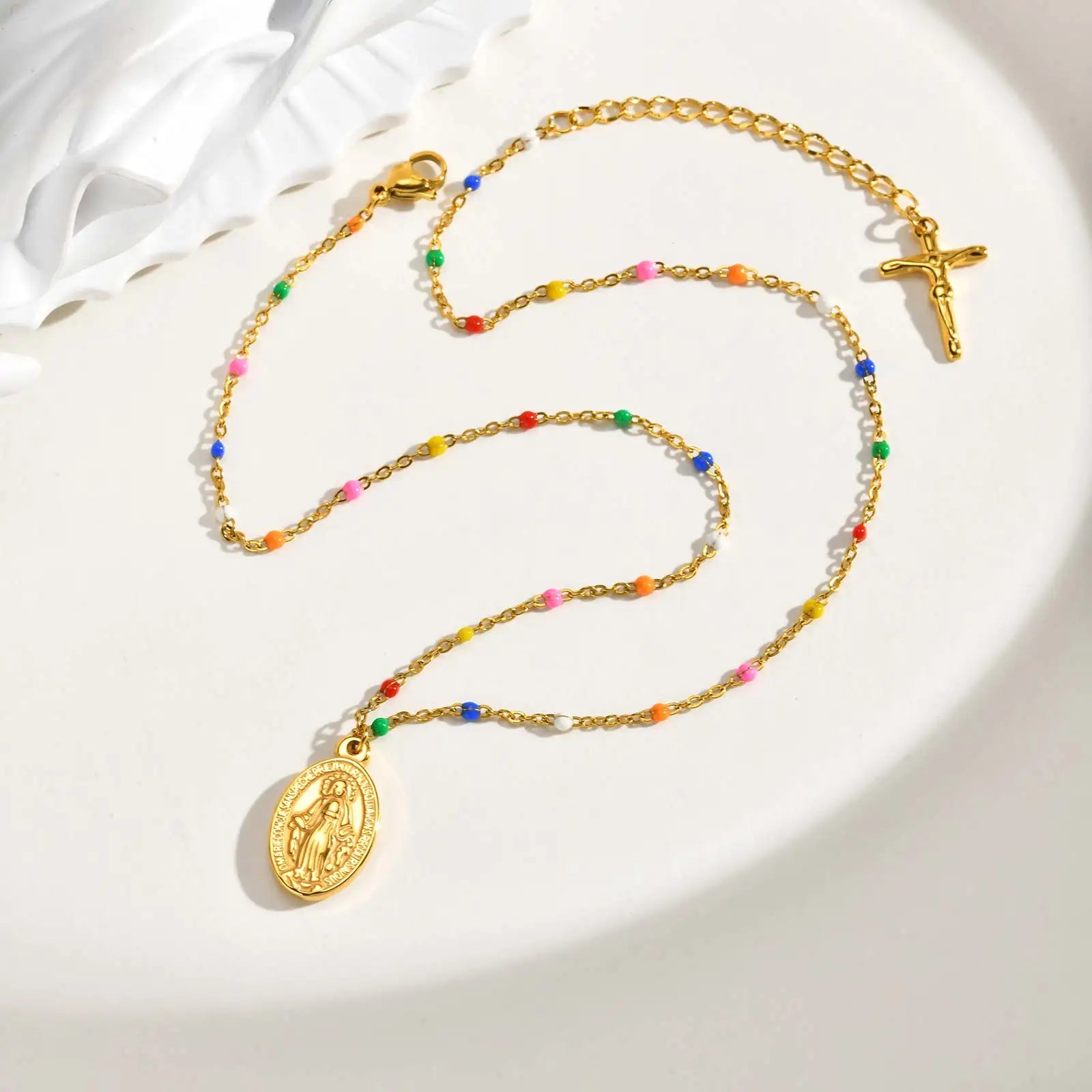 Bohemian Colored Virgin Oval Necklace | Gold Plated Stainless Steel Rosary Chain additional angle