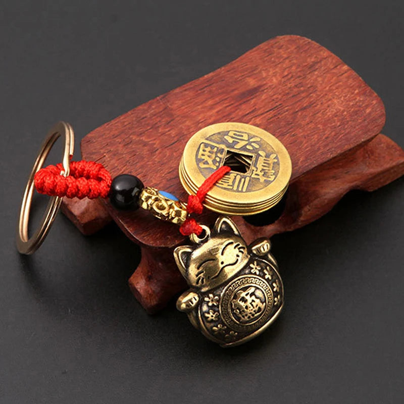 Handmade Brass Feng Shui Coins Keychain | Lucky Cat Car Keychain with Five Emperors M lifestyle view
