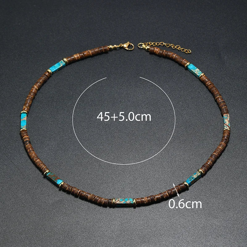 Vintage Boho Natural Stone Necklace for Couples | Brown Coconut Shell Bead Choker alternate view