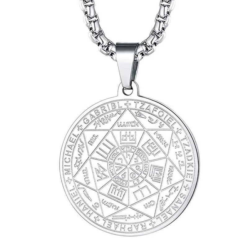 Seven Archangels Amulet Stainless Steel Necklace | Seal of Solomon Talisman Pendant close-up view