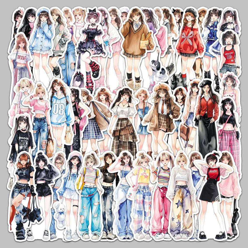 50PCS Unique Fashion Sticker Set - Trendy Clothing Matching Cartoon Decals for Scrapbook detail view
