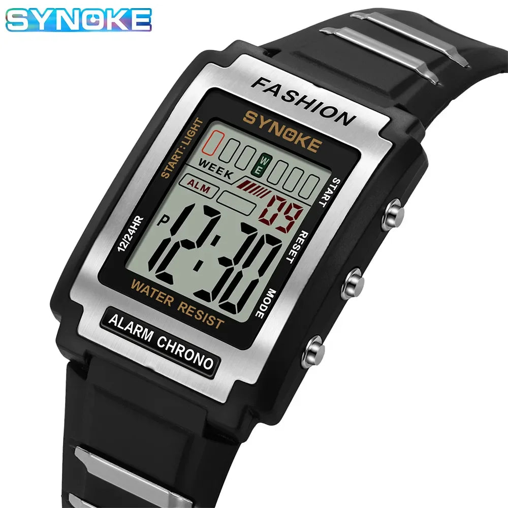 SYNOKE Men Rectangular Sports Electronic Watch Waterproof 50M Night Light Large Screen Alarm Clock T