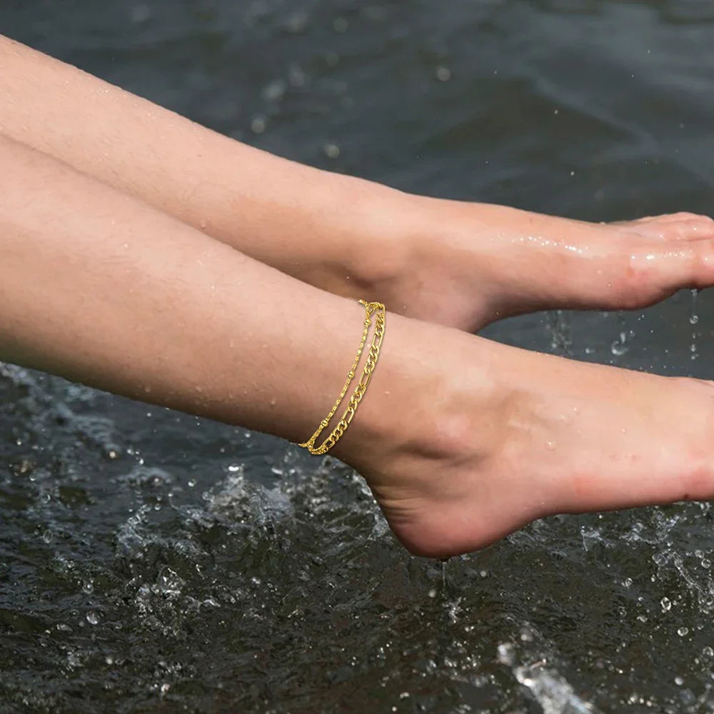 2Pcs Fashion Stainless Steel Anklet Set For Women Cuban Rice Bead Chain On Foot Ankle Br detail view