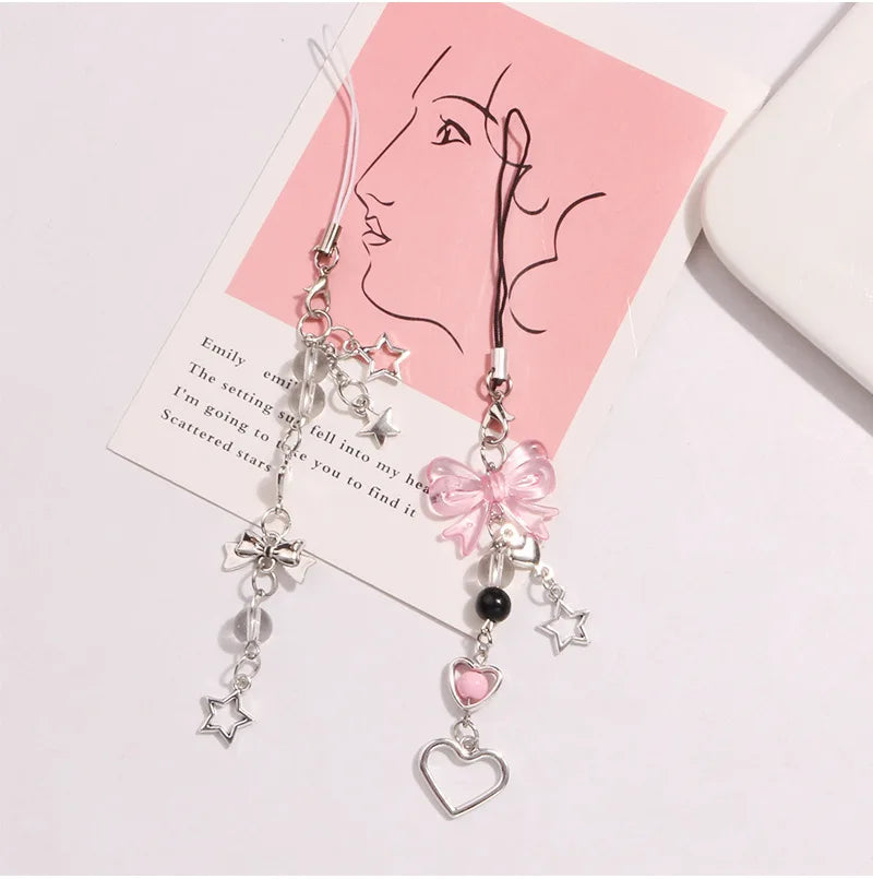 Goth Y2K Phone Charm Pink Silve Bow Heart Star Keychain Pendant Key Chain Bag Phone Chai detail view