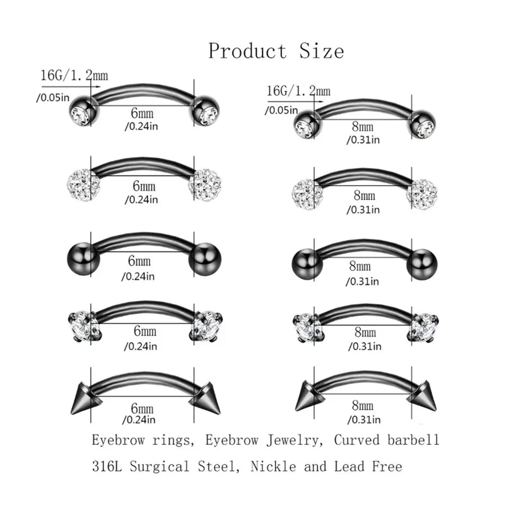 8Pcs 16G Fashion Stainless Steel Curved Barbell Rook Eyebrow Rings ,CZ Belly Lip Ring Da detail view