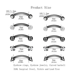8Pcs 16G Fashion Stainless Steel Curved Barbell Rook Eyebrow Rings ,CZ Belly Lip Ring Da detail view