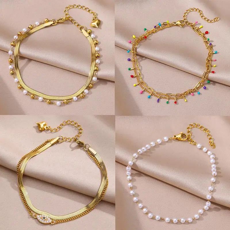 Anklets for Women Summer Beach Accessories Stainless Steel Imitation Pearl Chain Anklet Gold Color L